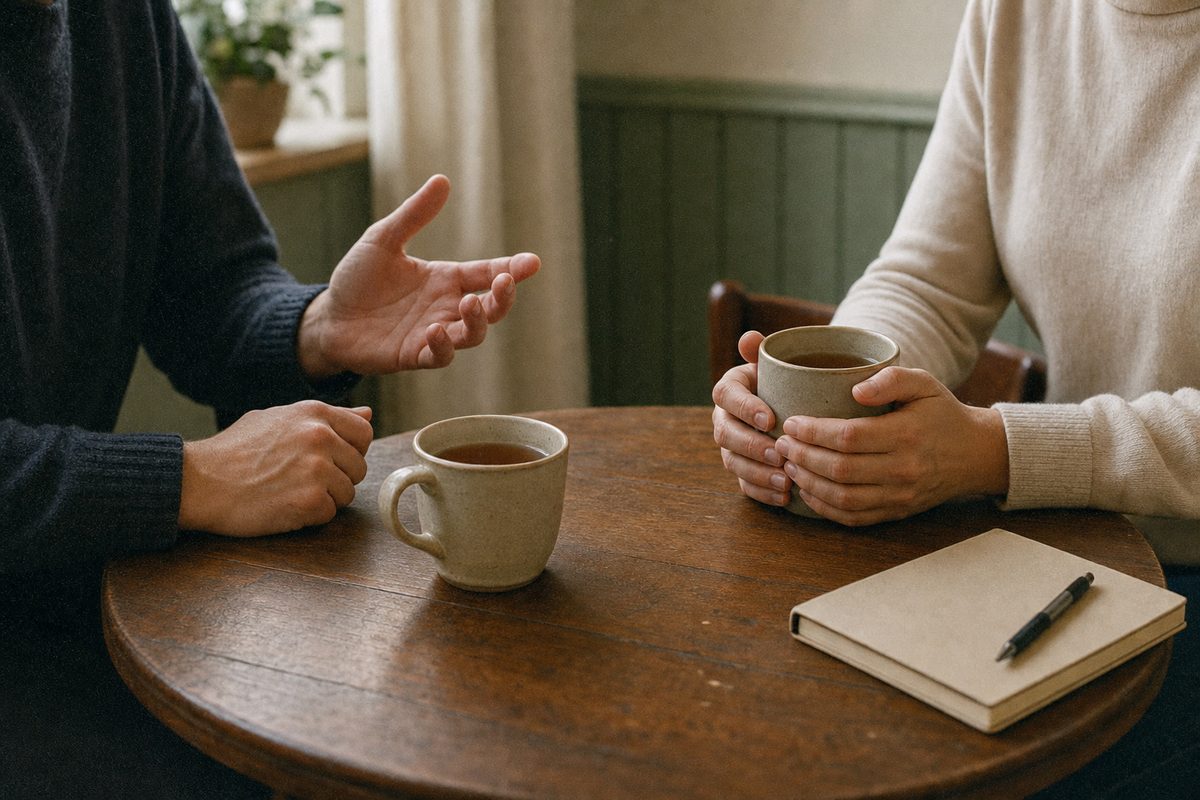 Two people seated across a small round wooden table with mugs of tea, hands visible mid conversation, faces out of frame
