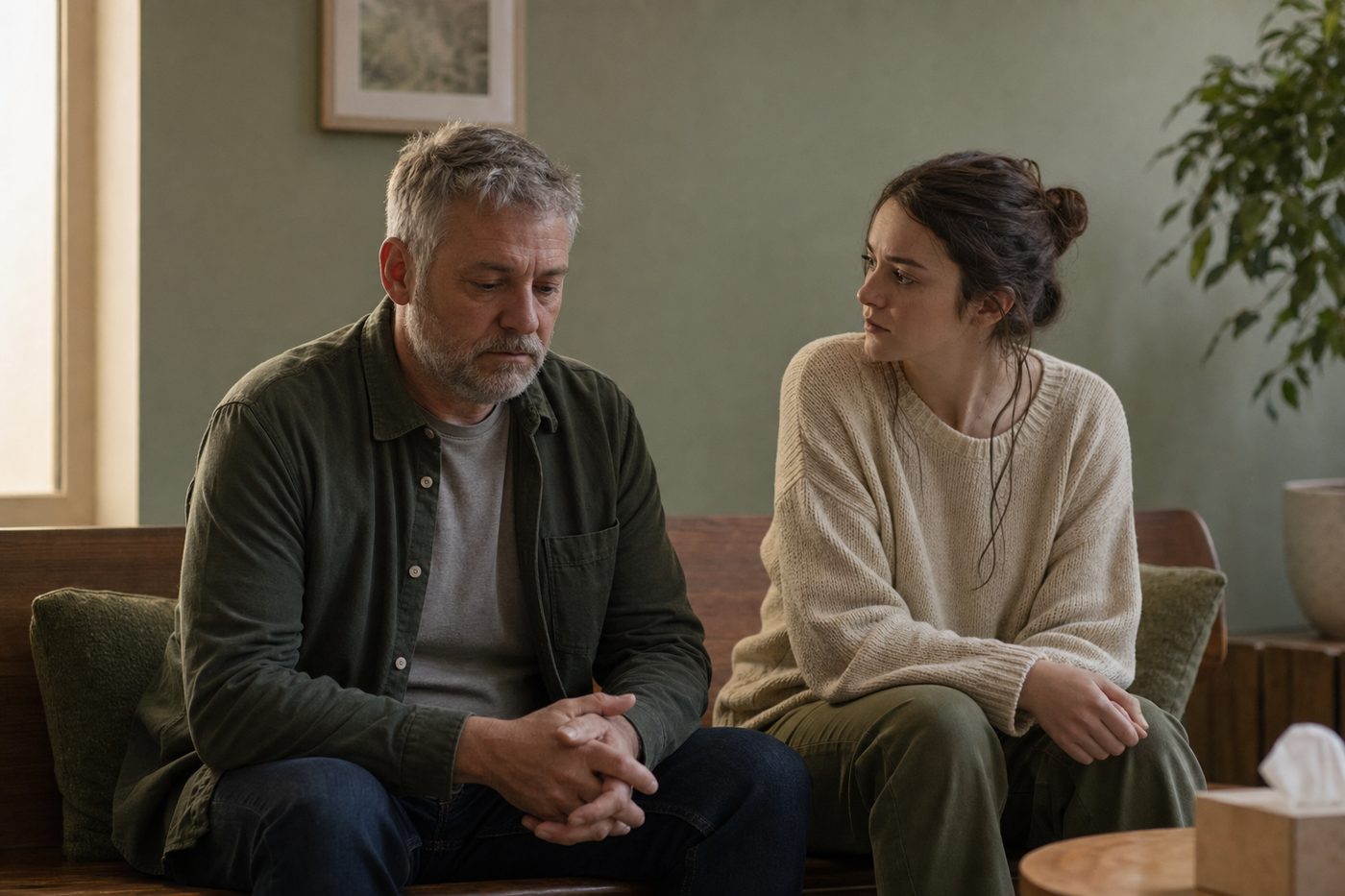 A parent and their adult child sitting side by side on a bench in a counseling office, turned slightly toward each other in a quiet moment of reconnection